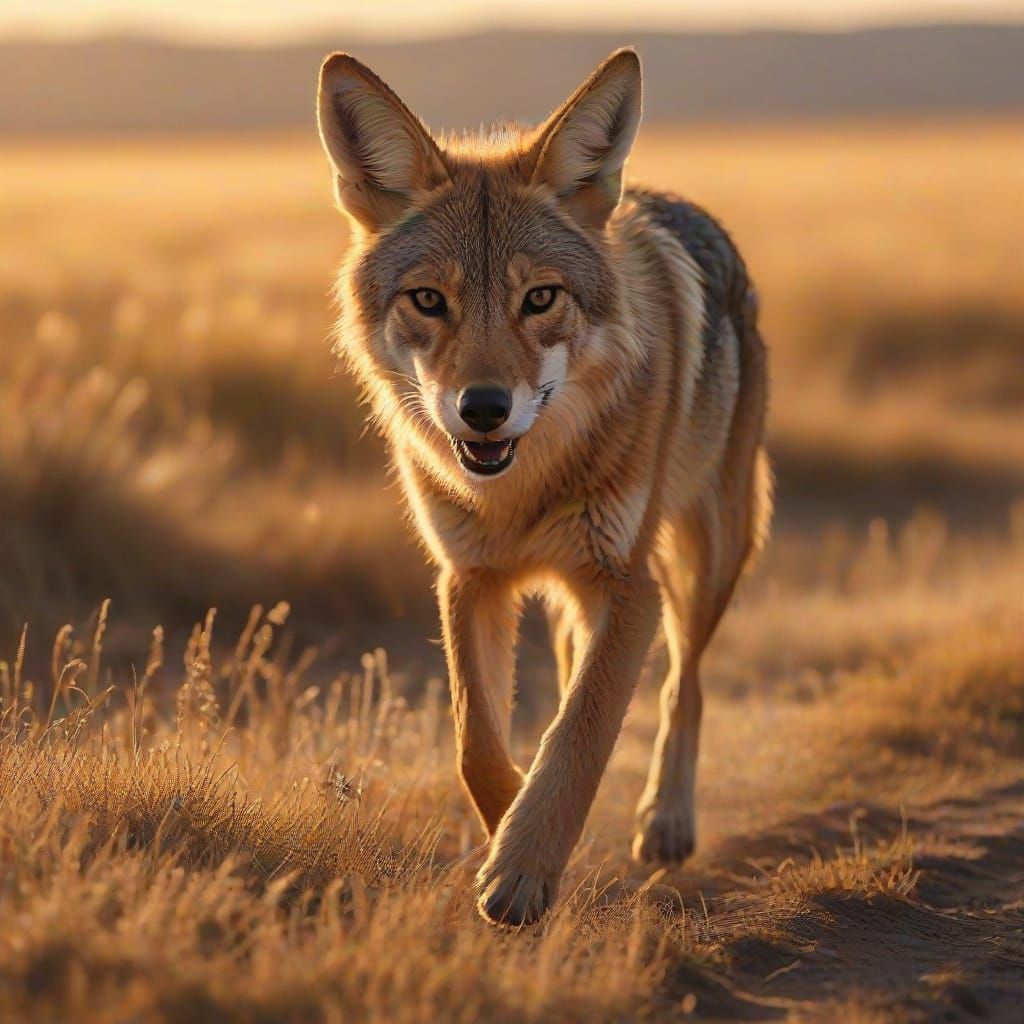 Coyote Running Across Prairie at Sunset in Hyperrealistic St...