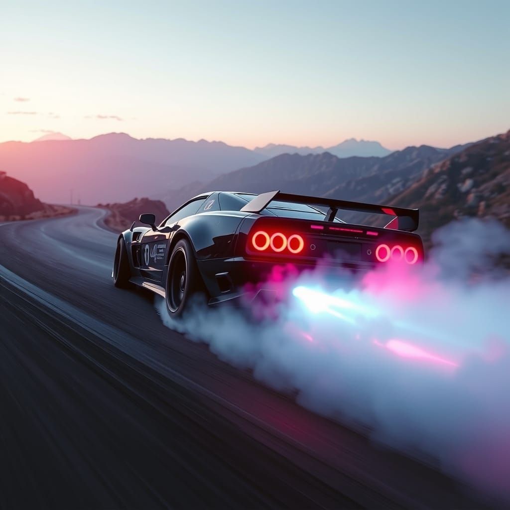 Cyberpunk Car Drifting on Mountain Road