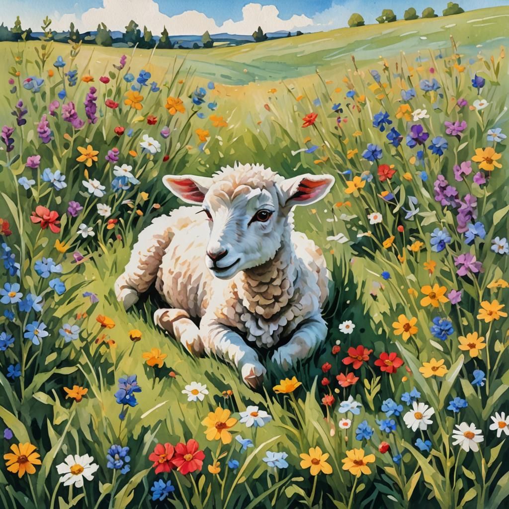 Lamb in Wildflowers: Gouache Impressionist Masterpiece