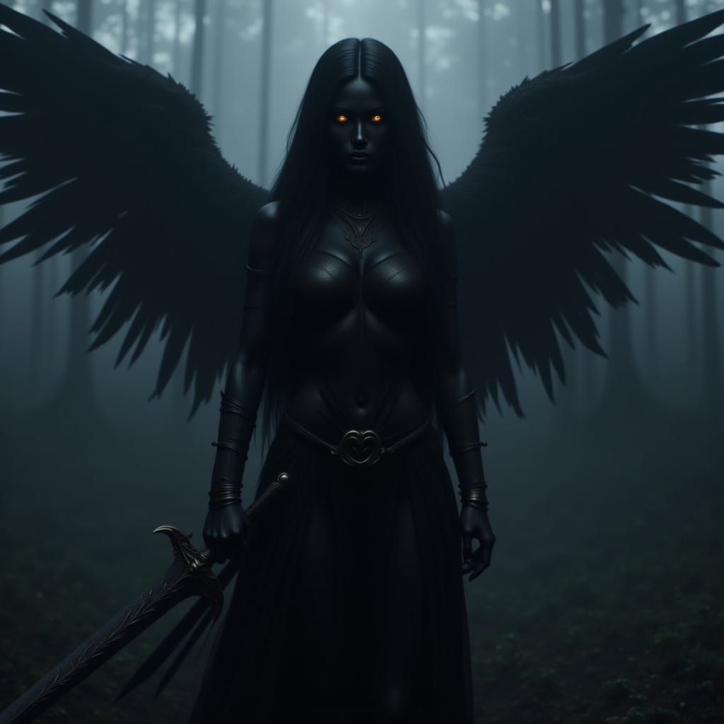Ethereal Goddess of Shadows Wields Fiery Sword in Darkened L...