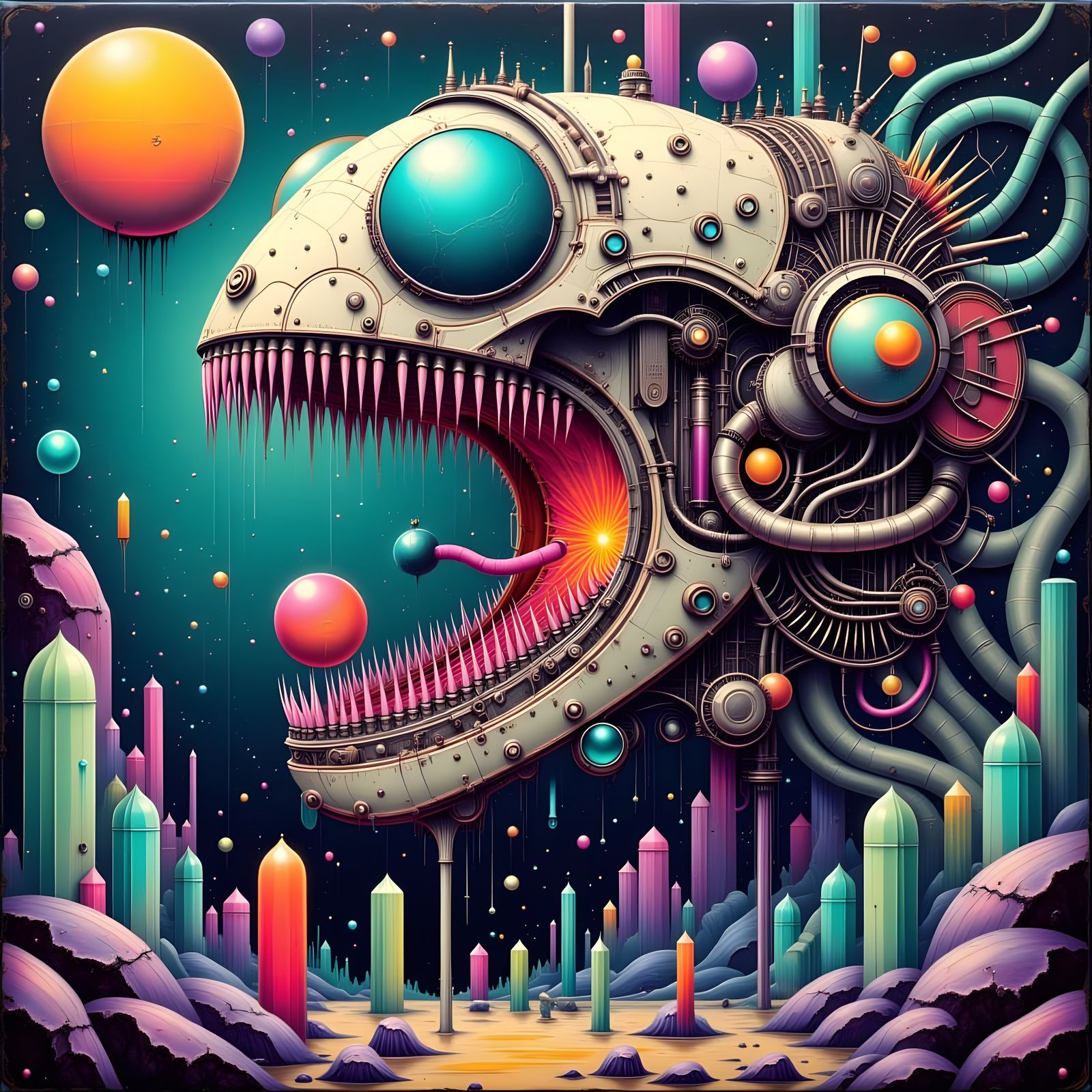 Surreal Spacecraft Swallowed by Skeletal Spacemonster