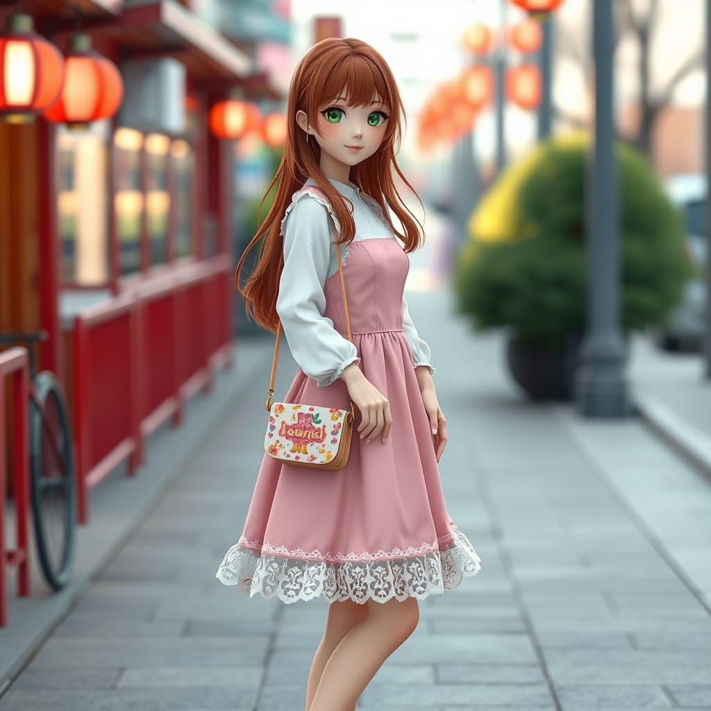 Pink and white A-line pinafore dress with lace trimmed ruffled hem