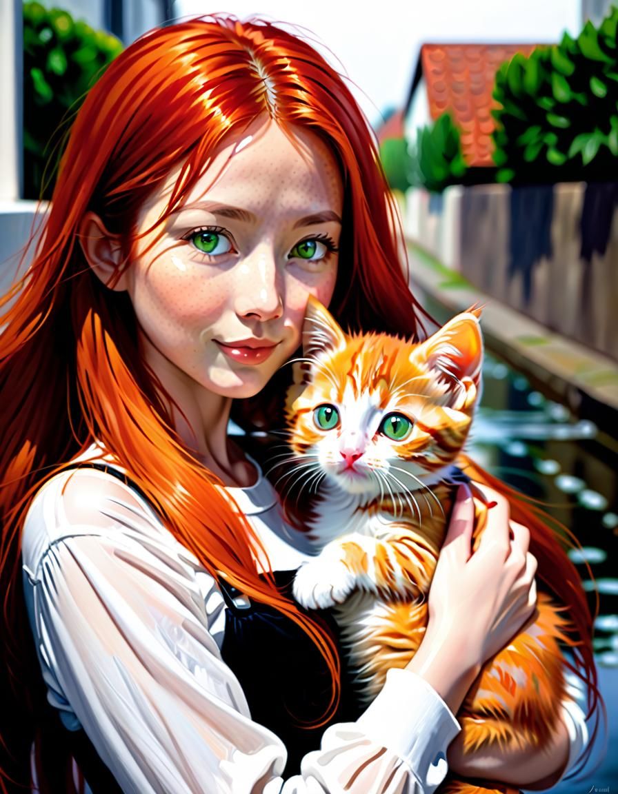 Japanese Woman Comforts Kitten: Impasto Portrait