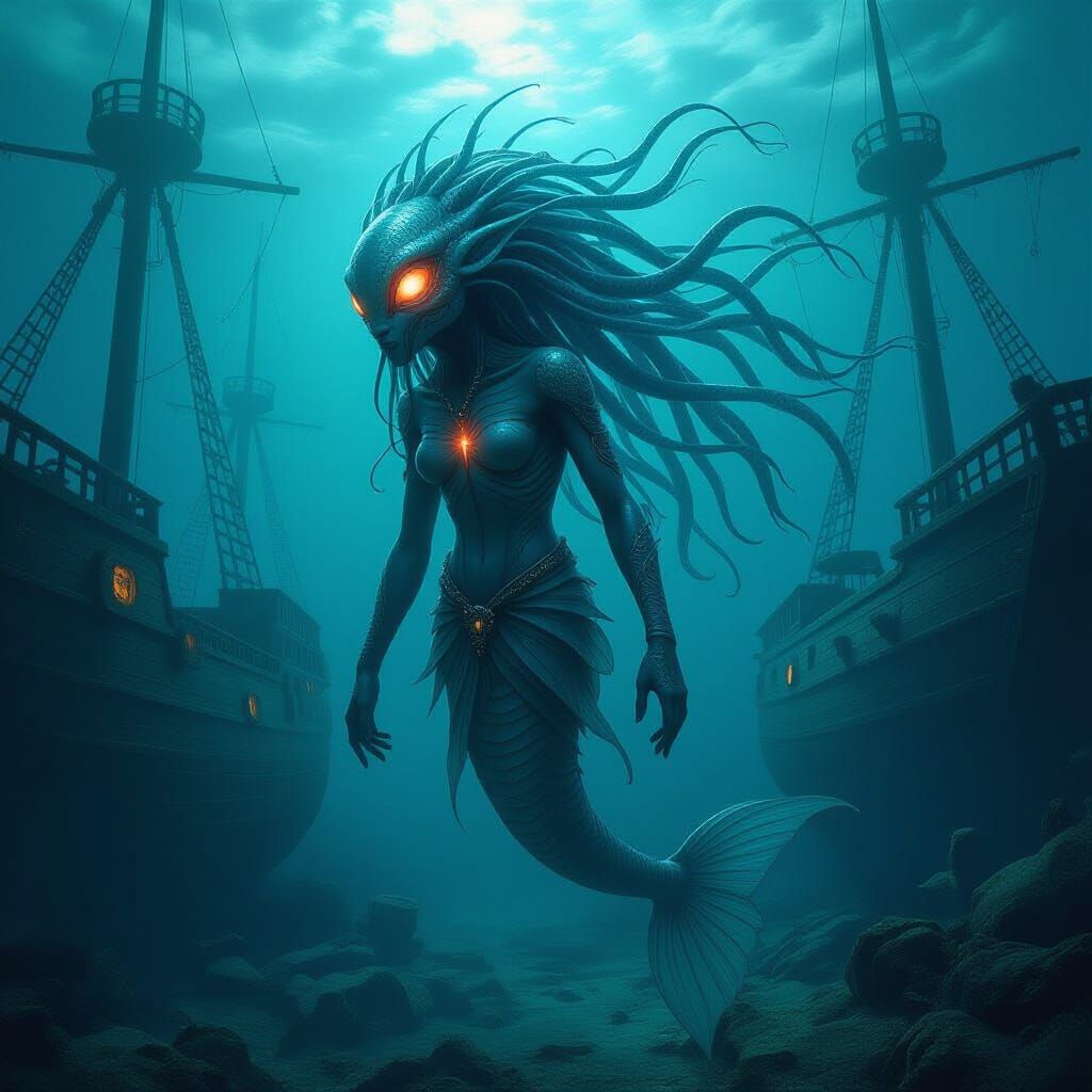 Bioluminescent Mermaid in Sunken City, Cinematic Film Still