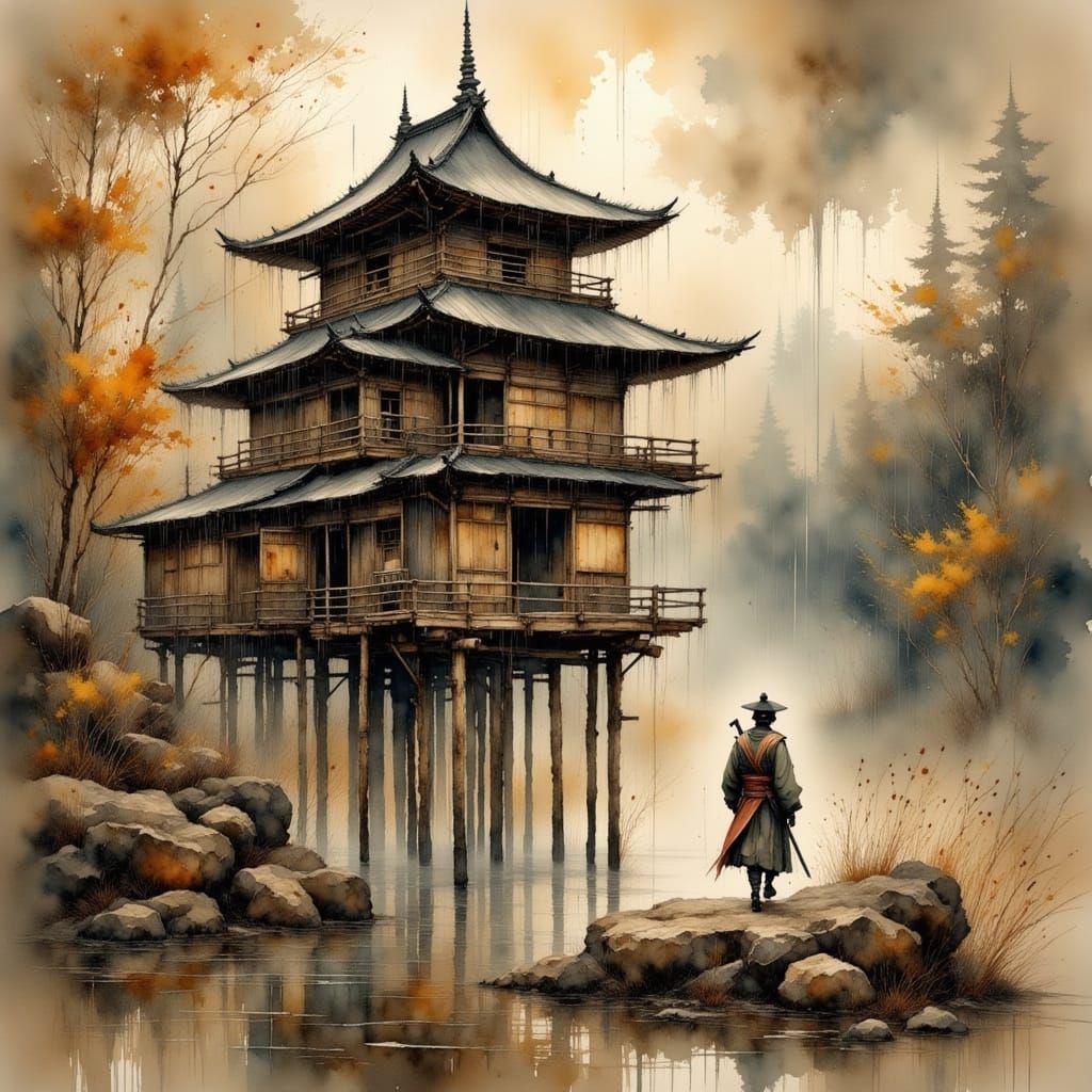 Samurai Returning Home to Japanese Pagoda in Rainy Atmospher...