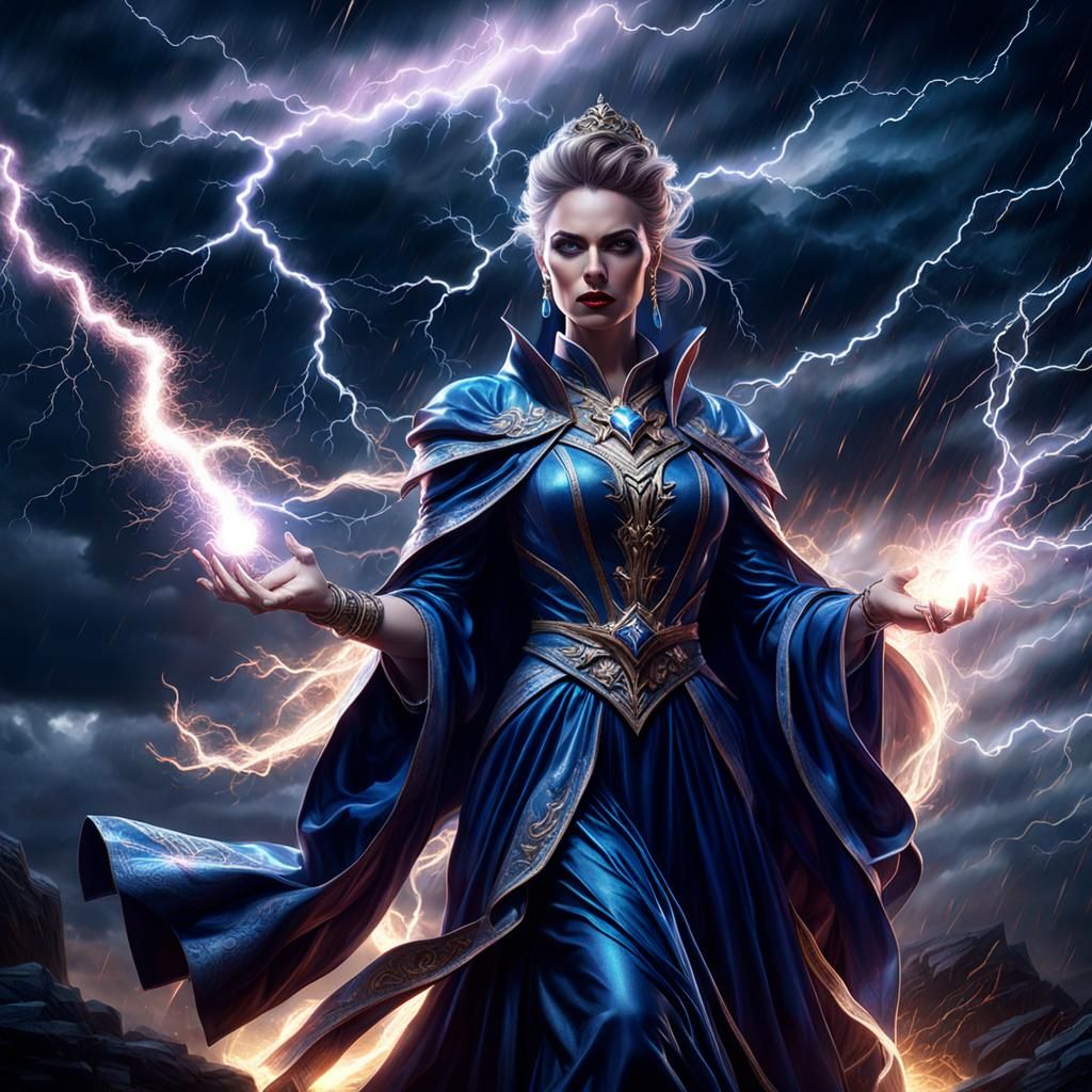 Sorceress Conjures Lightning Storm: Dark Fantasy Art