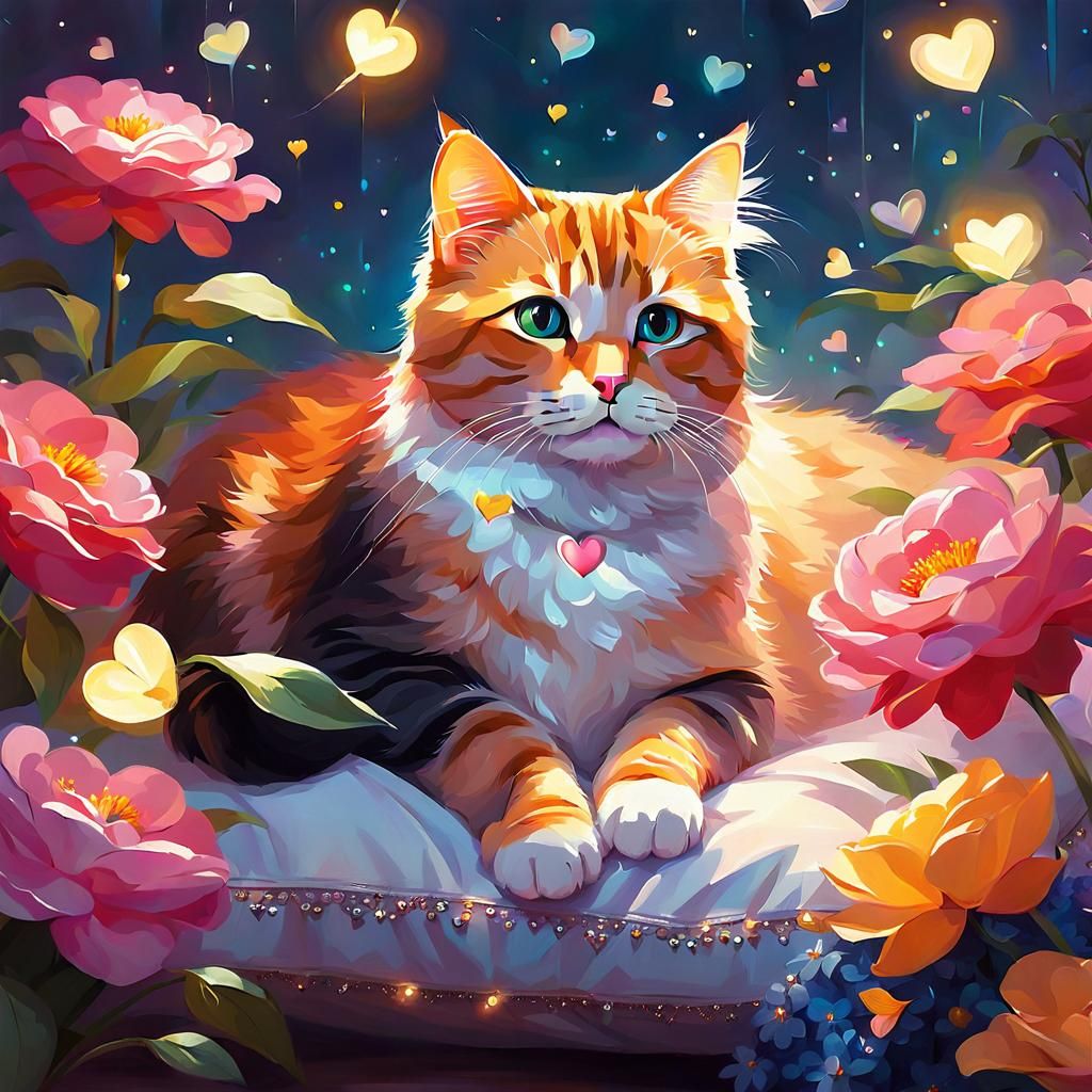 Cute Cat with Flowers in Iridescent Digital Art