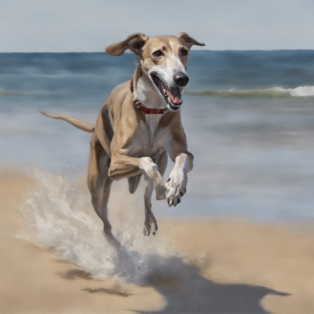 Greyhound's Joyful Run on the Beach: Vibrant Art