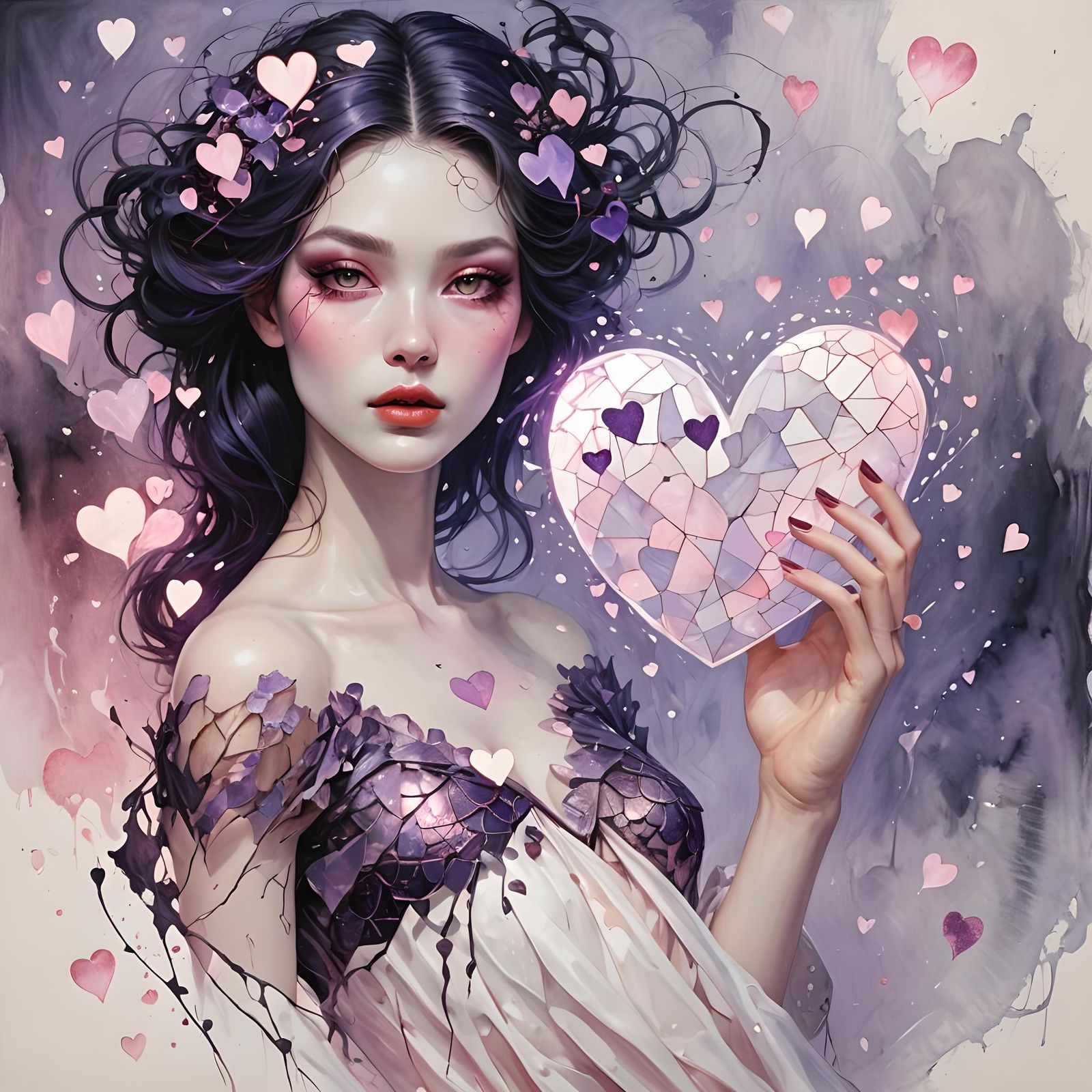 Hyperrealistic Portrait: Woman with Glowing Hearts