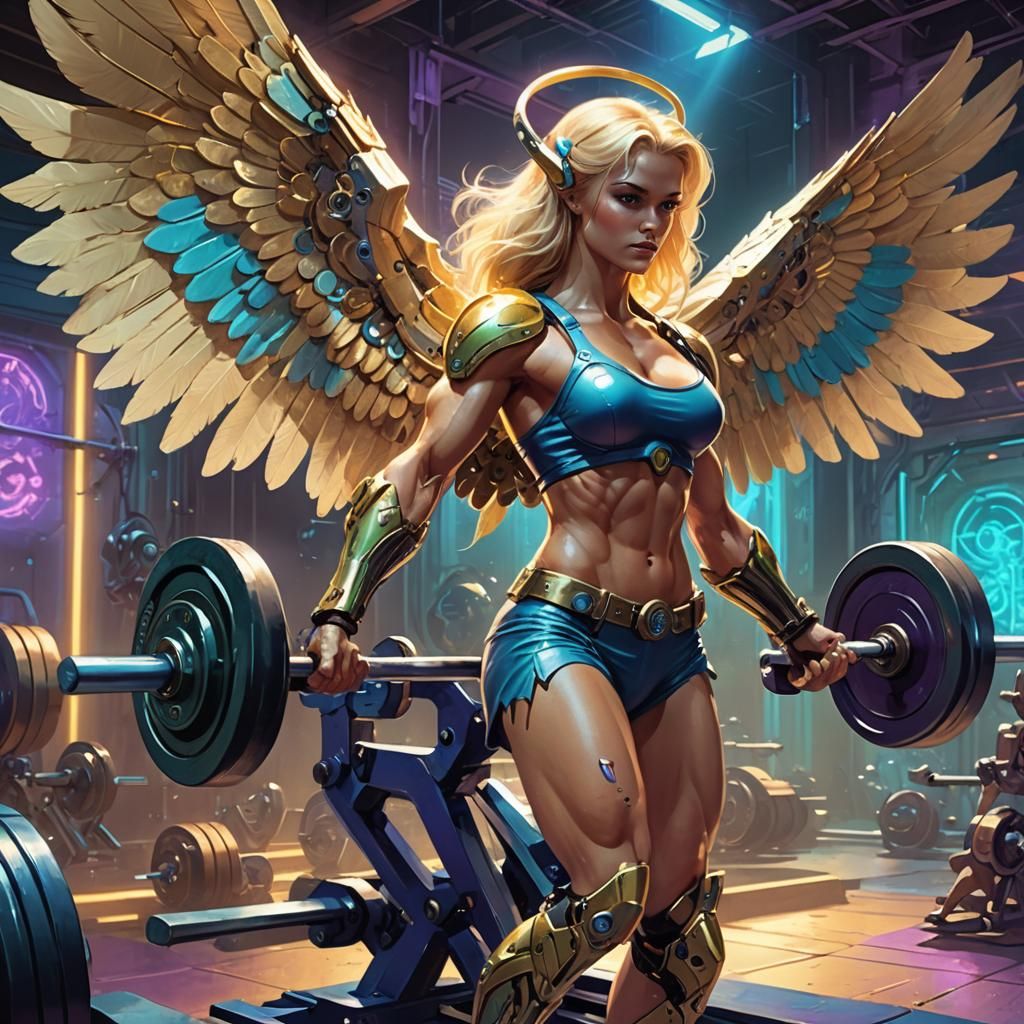 Angel Lifting Weights in Futuristic Gym, Bio-Mechanical Art