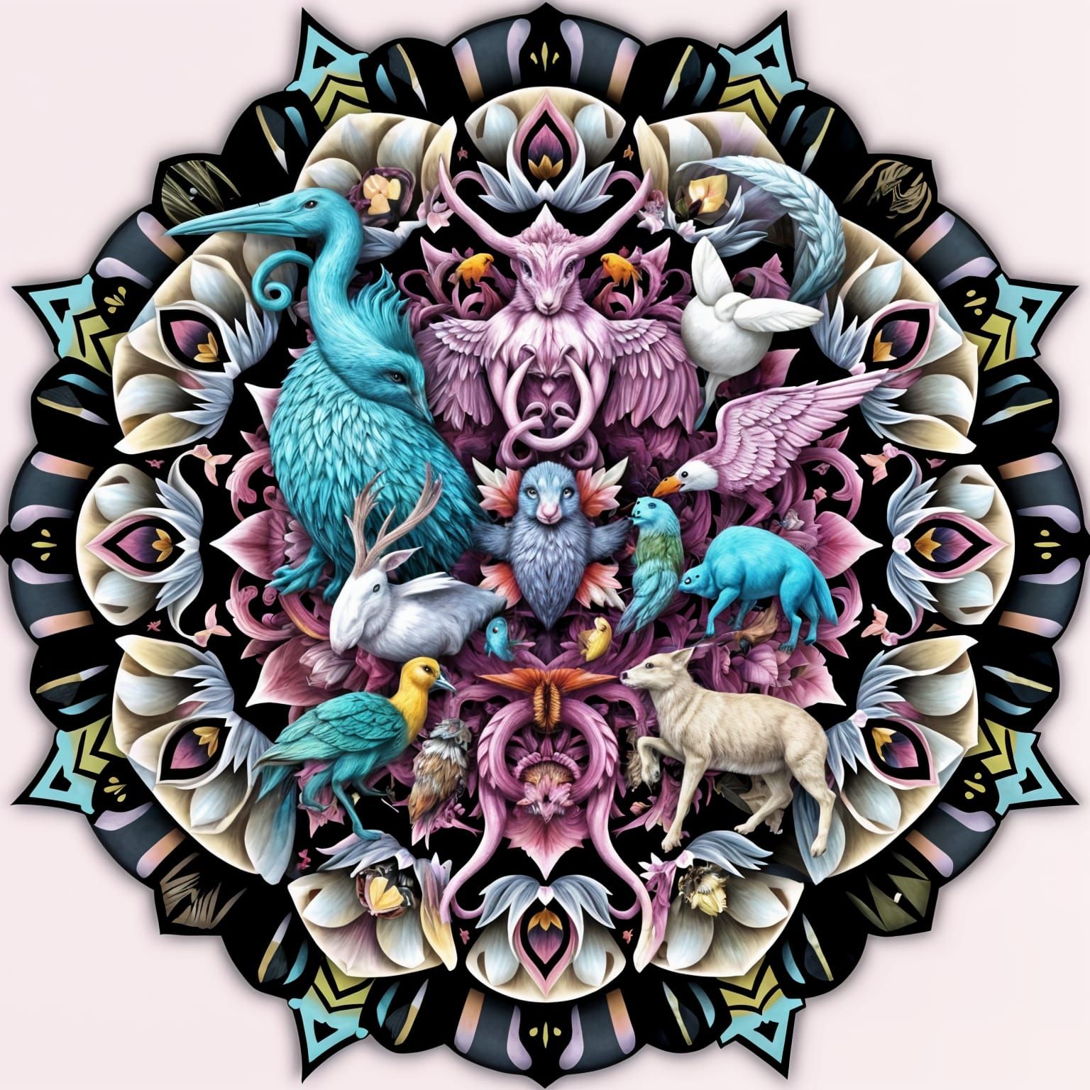 Elegant Surrealist Mandalas of Animals in Pastel Hues