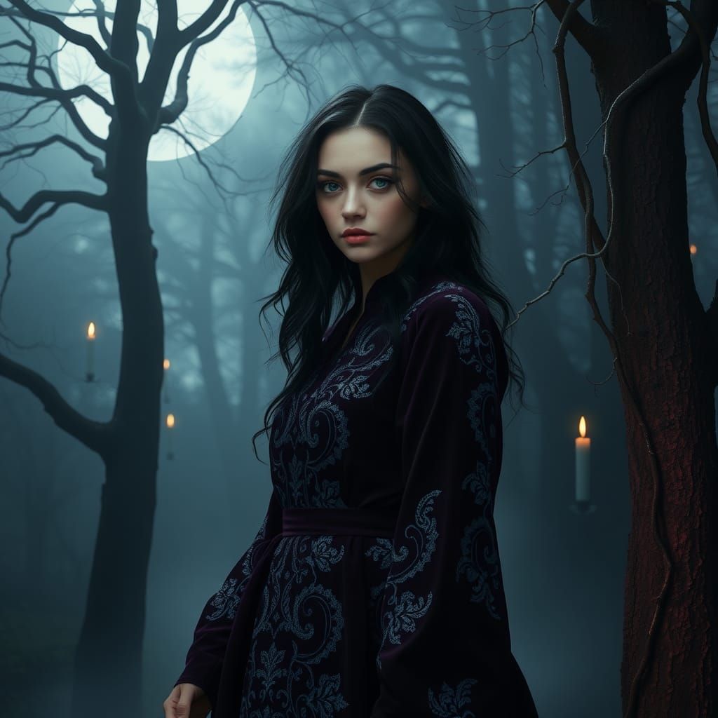 Moonlit Witch in Forest Clearing: Dark Fantasy Portrait