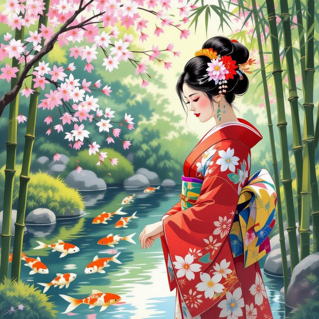 Kimono Woman in Zen Garden, Watercolor Style