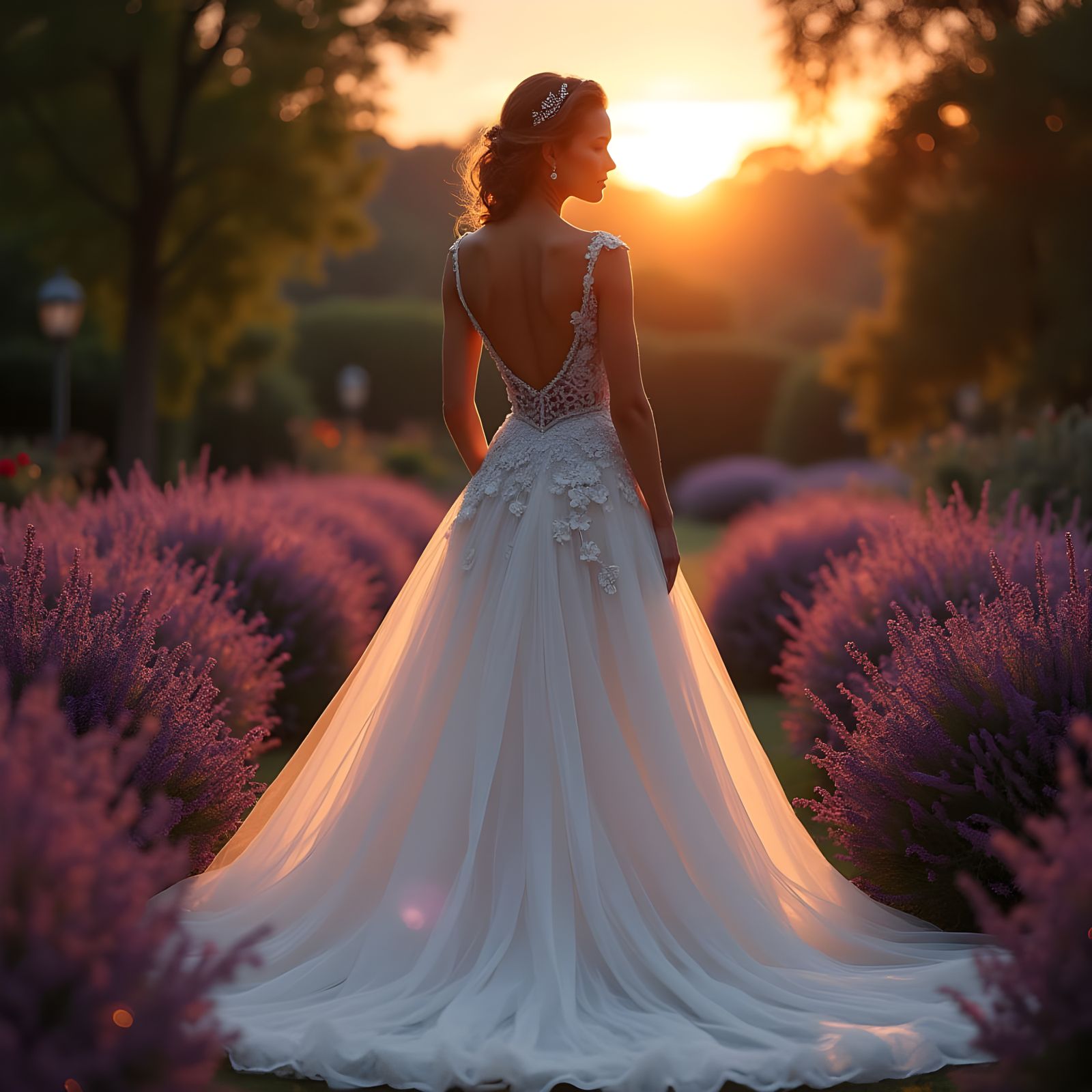Ethereal Modern Bride in Violet Garden at Sunset