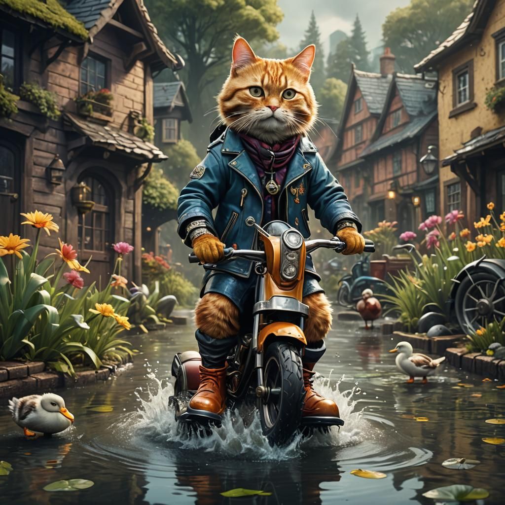 Cat Biker Rides Duck in Wellie Pond
