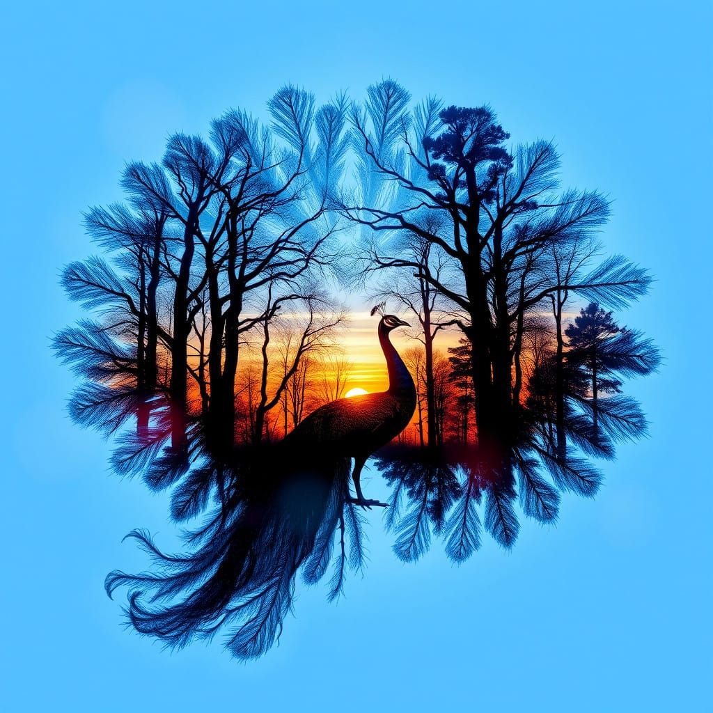 Surreal Peacock Silhouette in Sunset and Forest Setting