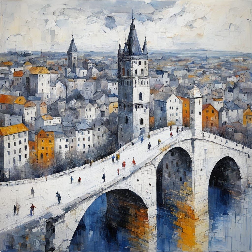 Pilgrims Cross Arched Bridge in Textured Greyscale Painting