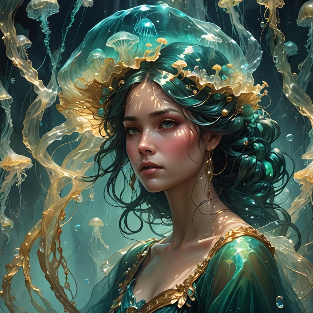 Submerged Veiled Woman in Glistening Cavern