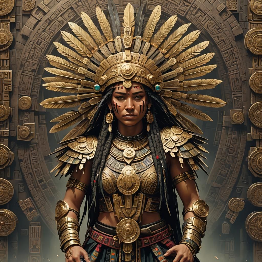 Mesoamerican Woman in Dystopian Cyberpunk Landscape