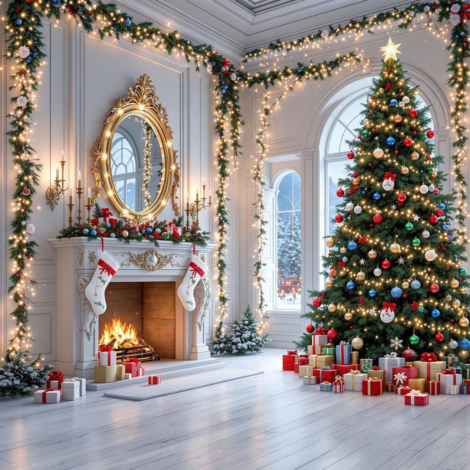 Winter Wonderland Christmas Scene in Glowing White and Color...