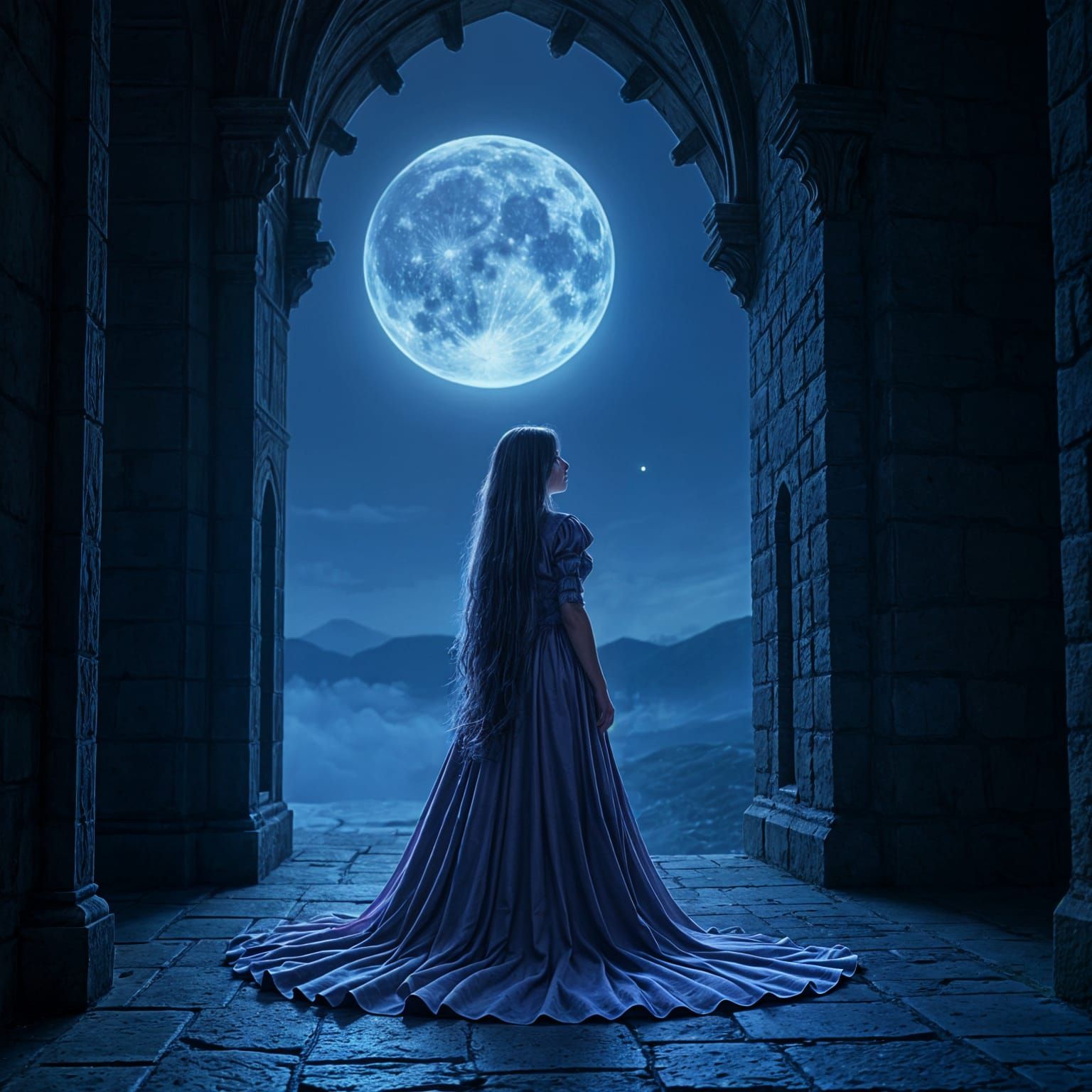 Gothic Princess in Midnight Blue Velvet, Long Black Hair, Cl...