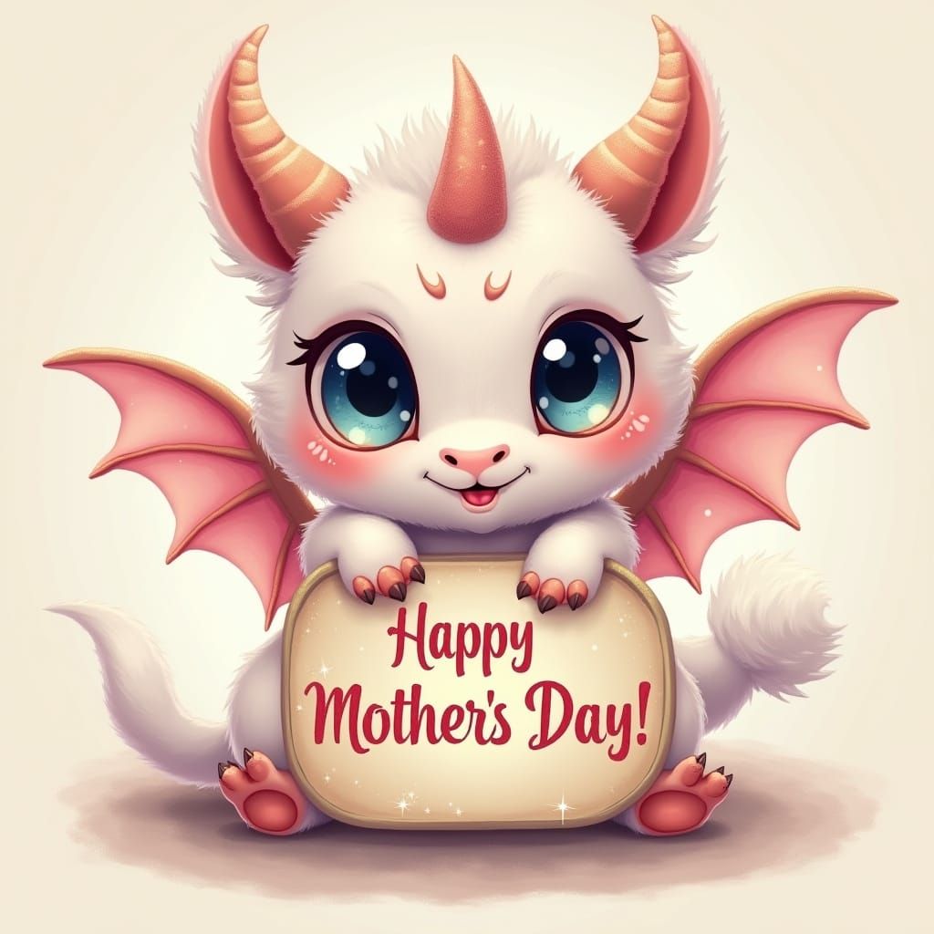 Fluffy Mythical Baby Greets Mother's Day with Fancy Sign