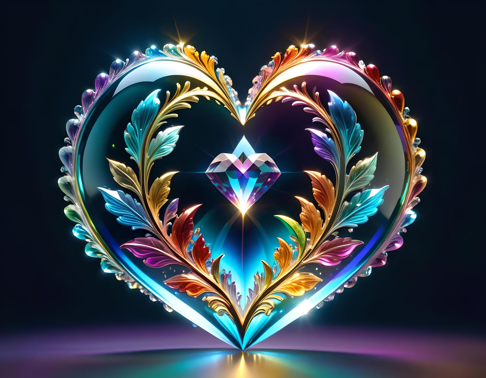 Bismuth Crystal Heart with Translucent Flower in Dreamy Land...