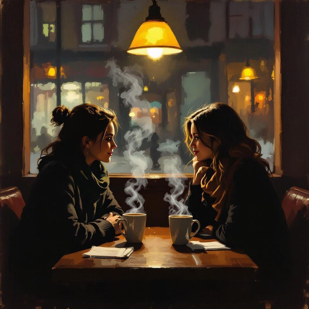 Friends Chatting in Cozy Cafe Oil Painting