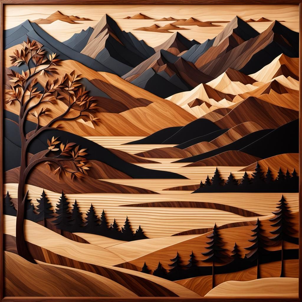 Alps Landscape Wood Marquetry in 19th Century Style