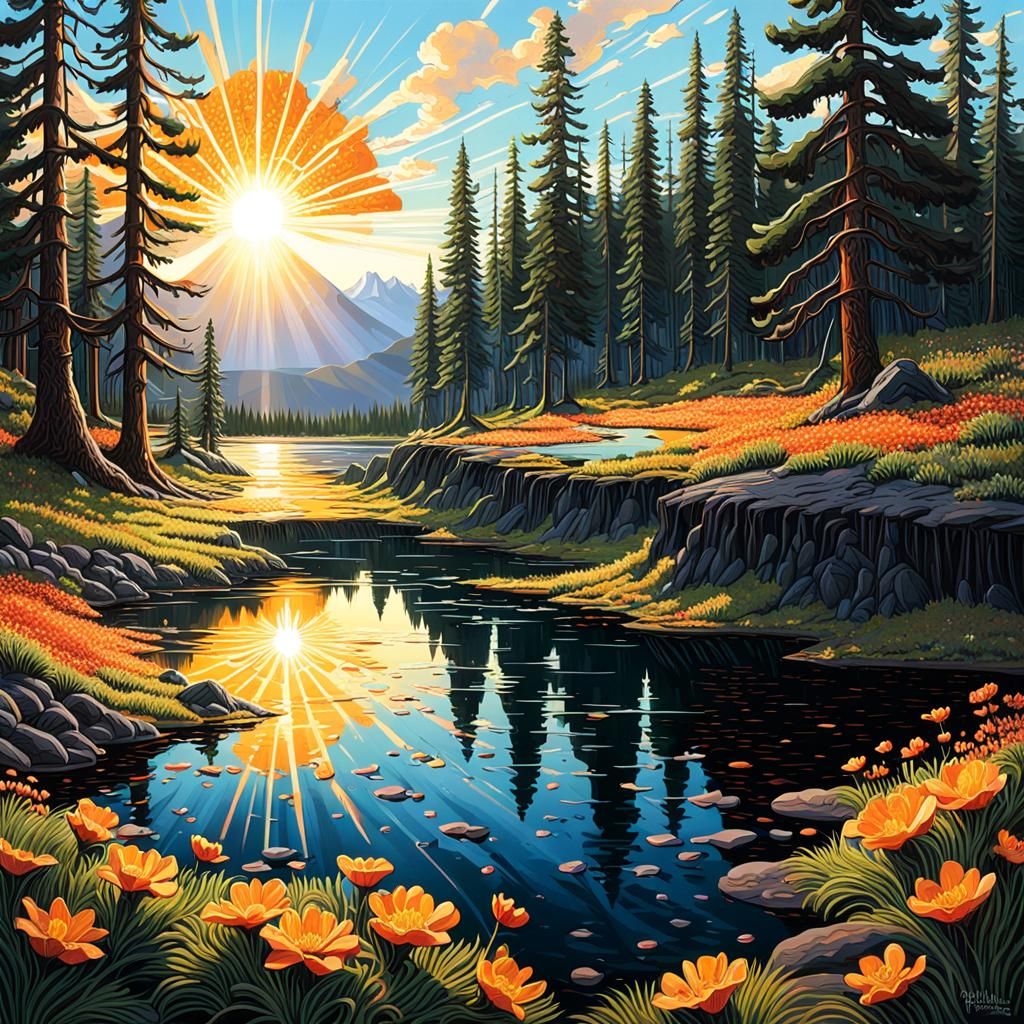 Blooming Lake Landscape with Lava Flowers