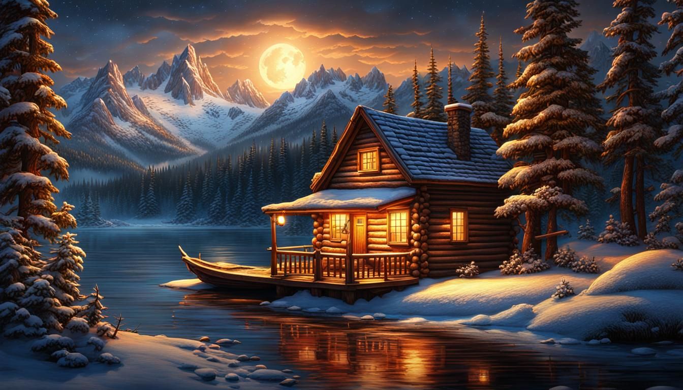 Snowy Lakeside Cabin with Mountains, Digital Painting