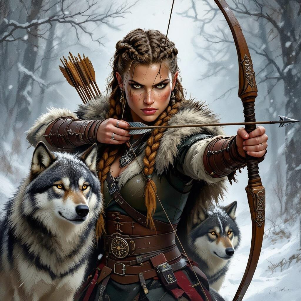Viking Warrior with Wolves in Dark Winter Forest