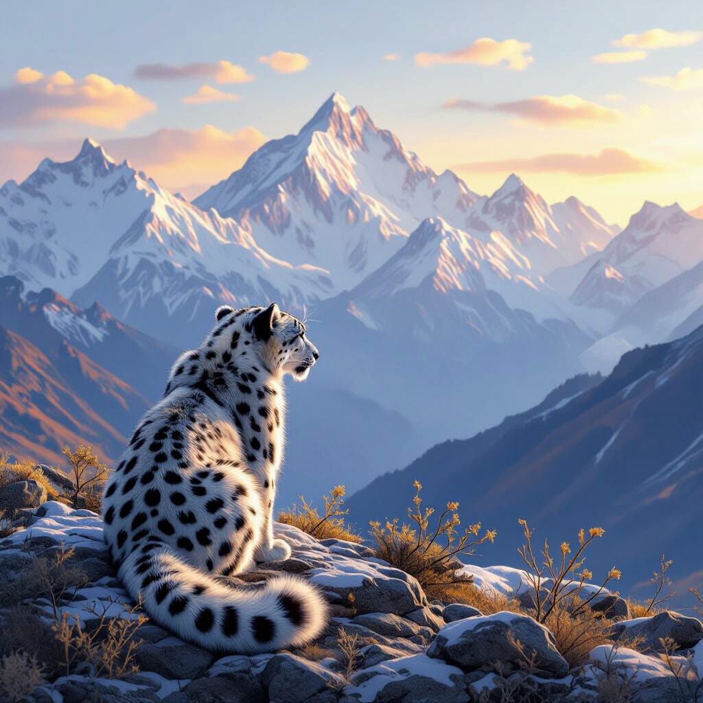 Snow Leopard in Serene Himalayan Hills at Golden Hour