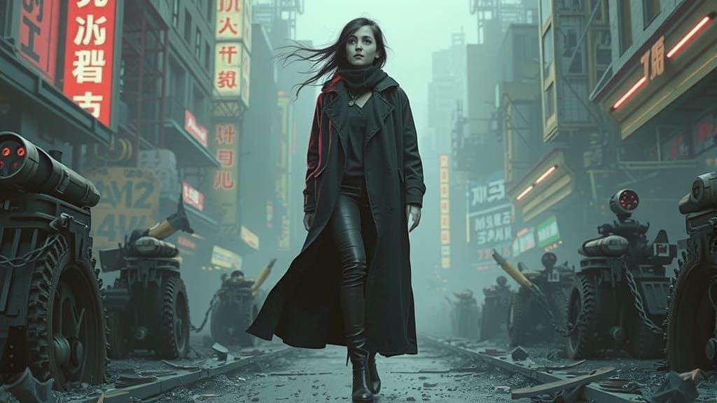 Dystopian Woman in Ruins: Cyberpunk Post-Apocalyptic Art