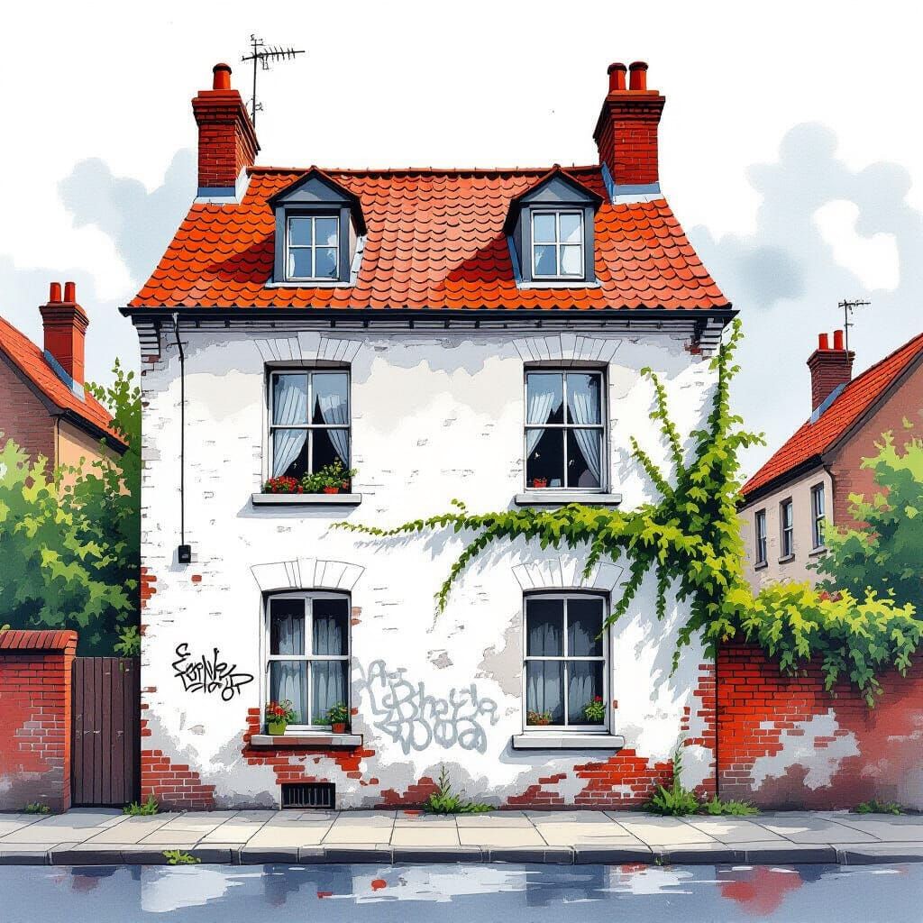 Tenement House in Watercolor with Graffiti Art
