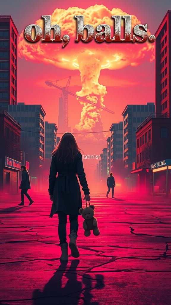 Cyberpunk Cityscape with Desolate Girl and Nuclear Cloud