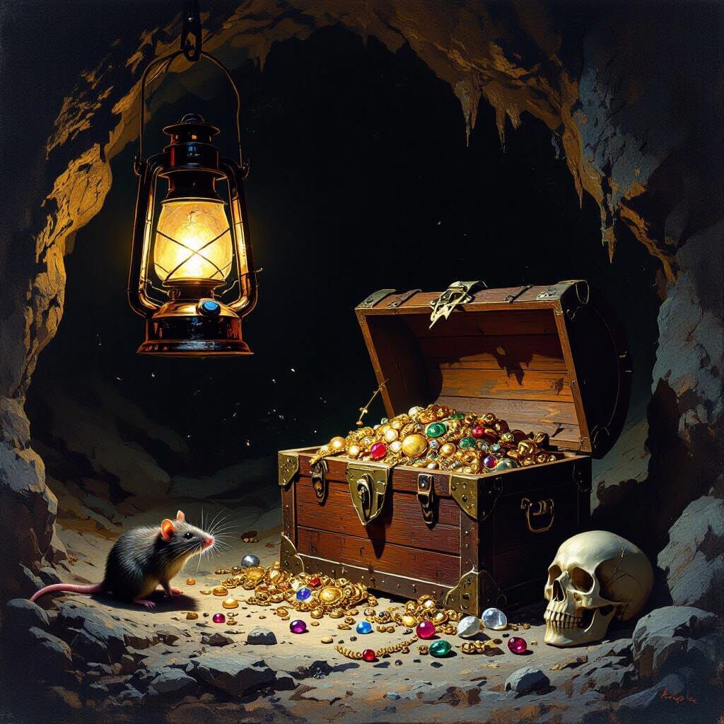 Treasure Chest in Dark Cave as Oil Painting