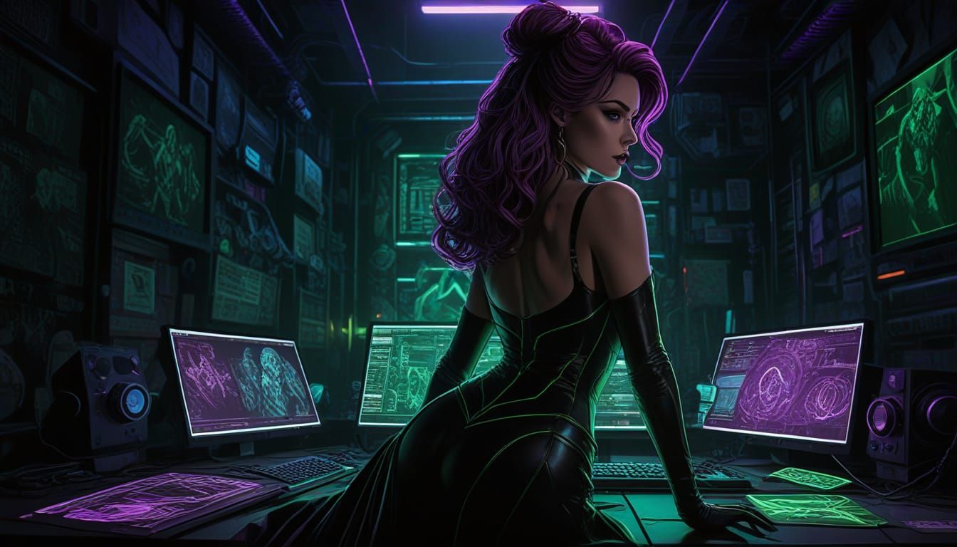 Comic Villainess Schemes in Neon-Lit Lair