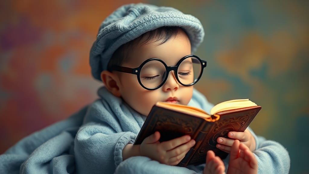 Baby Reads Book in Hyperrealistic Splash Art Style