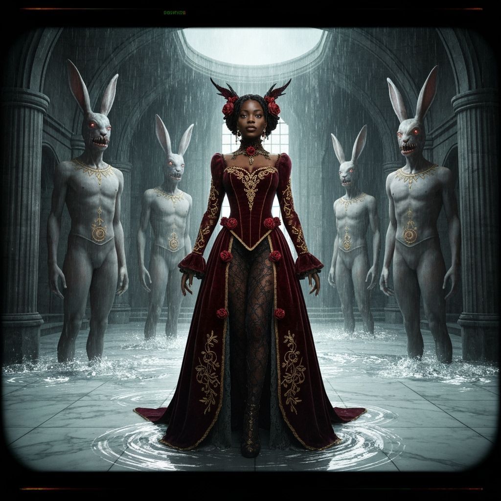 Gothic Woman in Stone Chamber with Rabbit Creatures