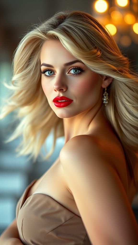 Glamorous 1980s Pin-Up Portrait with Bold Red Lips