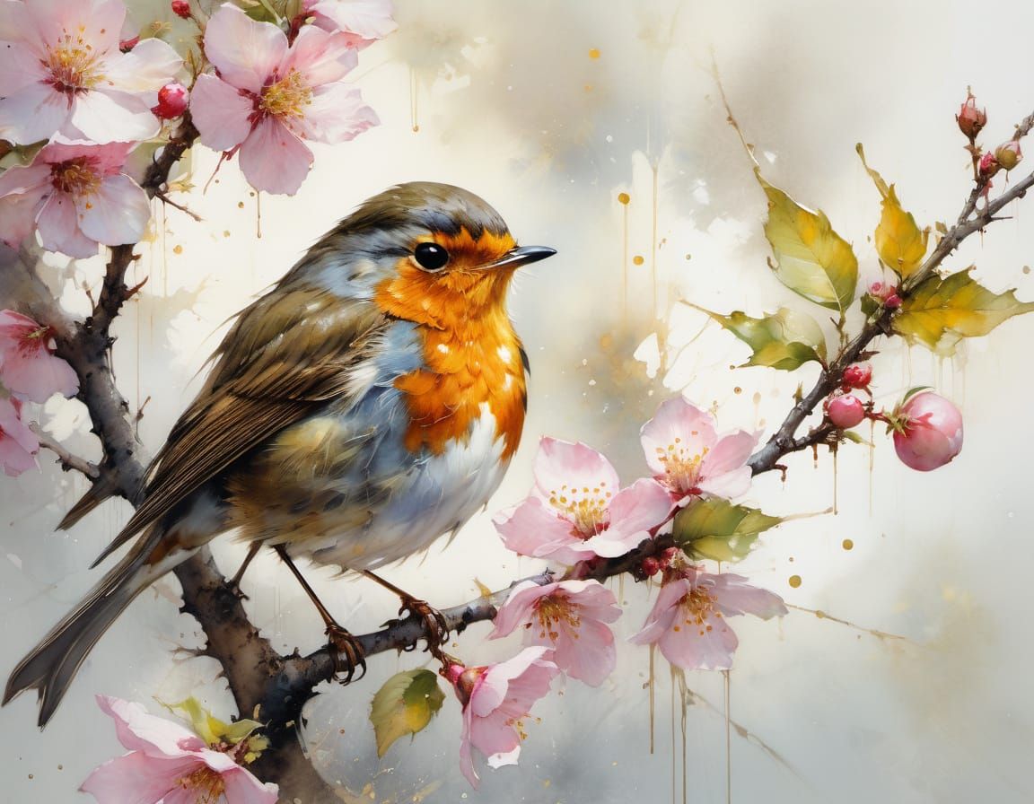 Robin on Apple Blossom Tree, Detailed Matte Painting