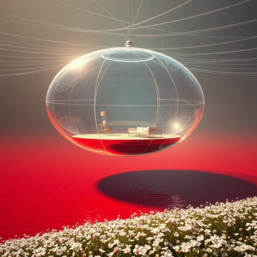 Bubble House Floating Above Red Lake with Magnets