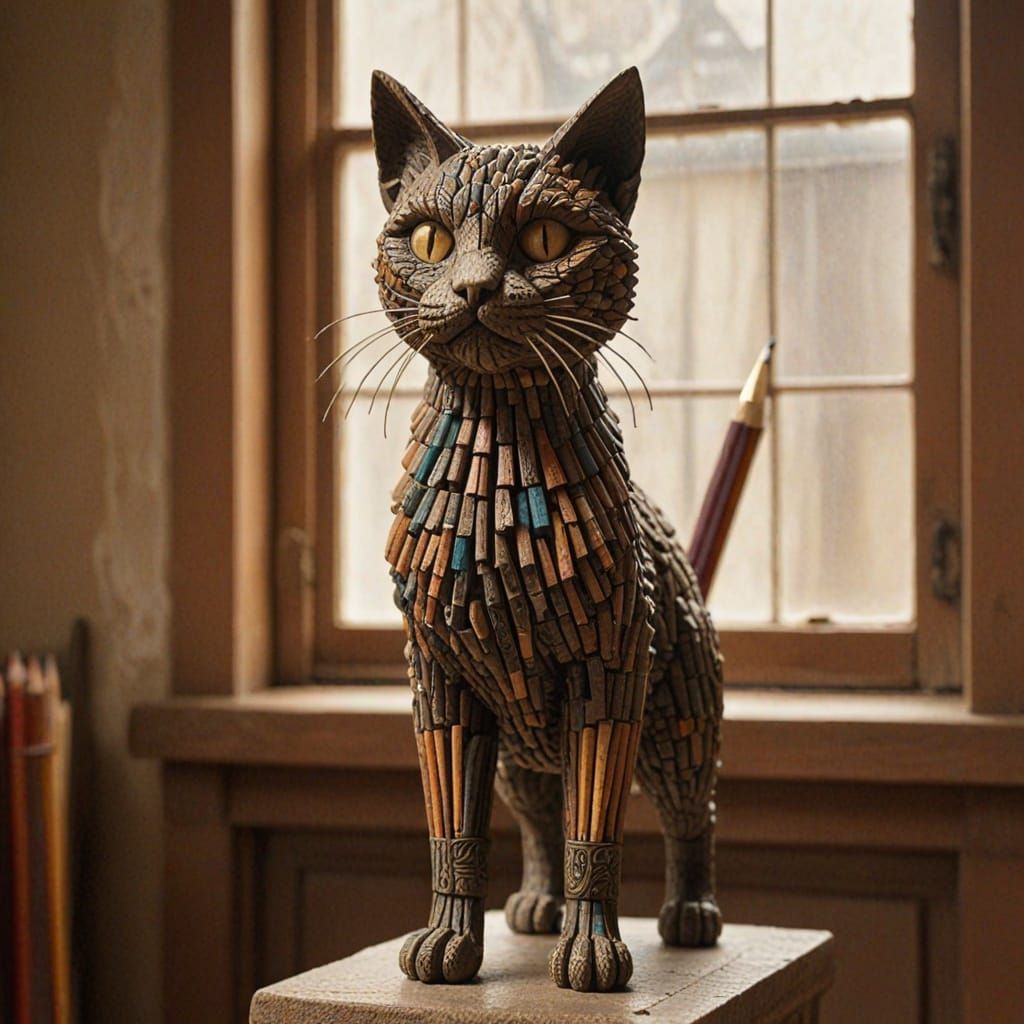 Cat Sculpture Made of Pencils at Ancient School