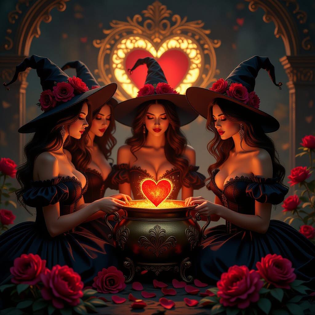 Peony-Dressed Witches Guarding Love's Golden Cauldron