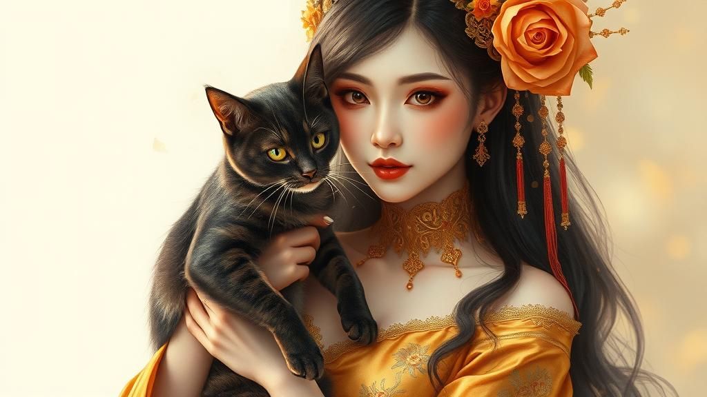 Korean Goth Woman with Cat in Baroque Style