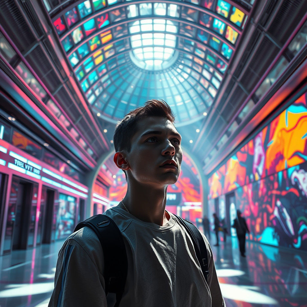 Futuristic Exhibition Hall in Hyperrealistic Splash Art