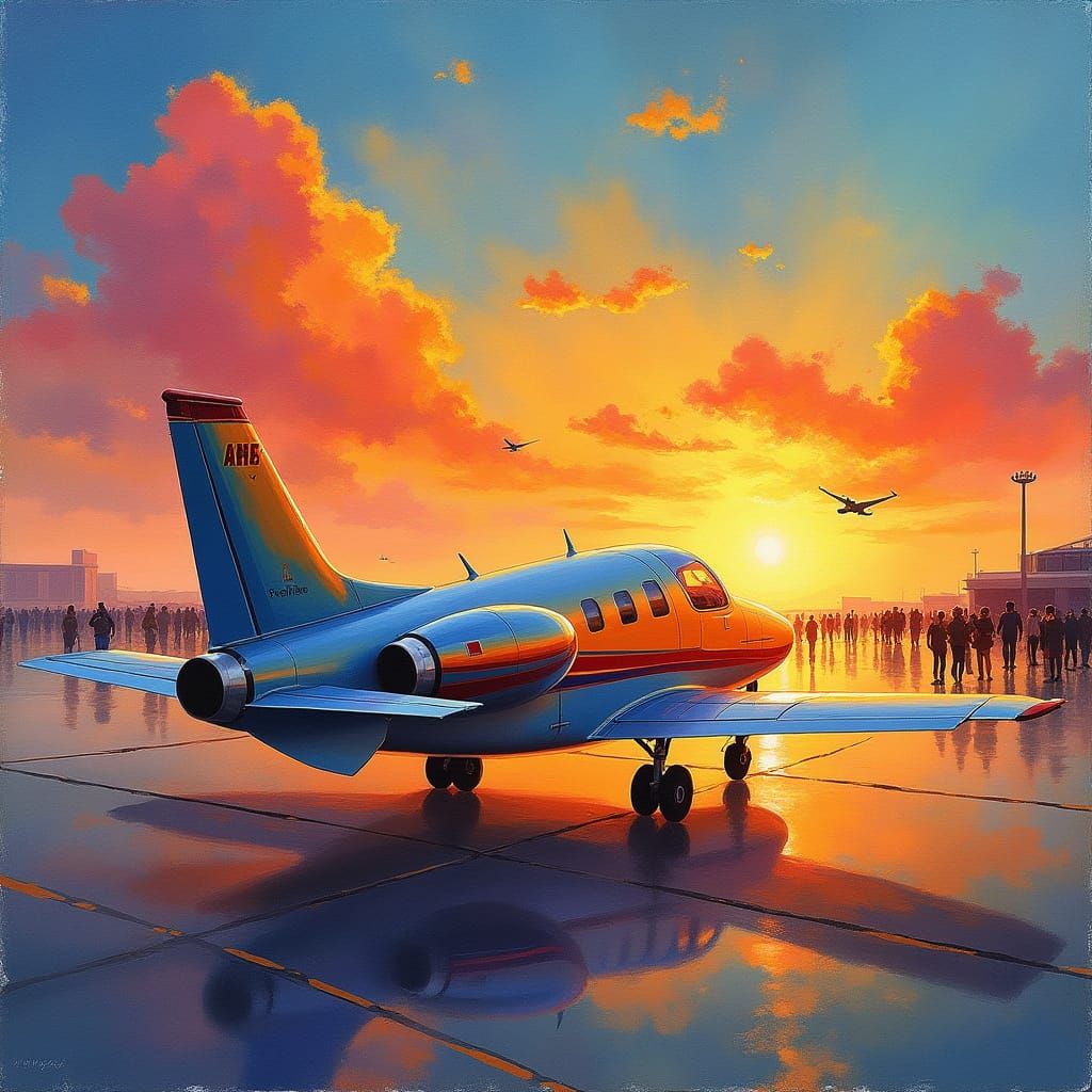 Jet Flare Waking Up in Airport: Gouache Style