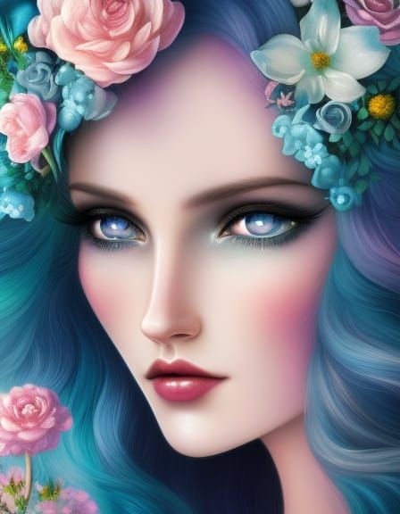 Pastel Fantasy Woman Surrounded by Flowers