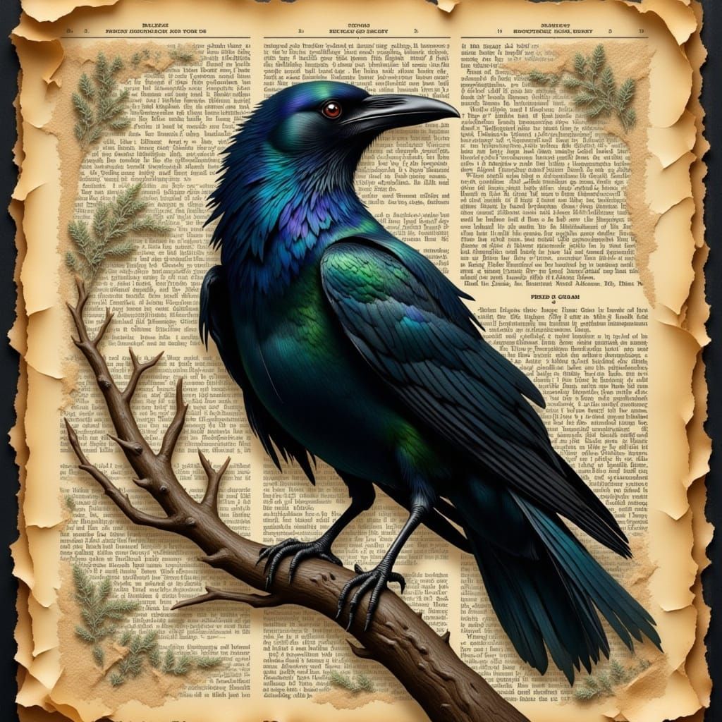 Majestic Raven in Vintage Splendor, with Iridescent Blues an...